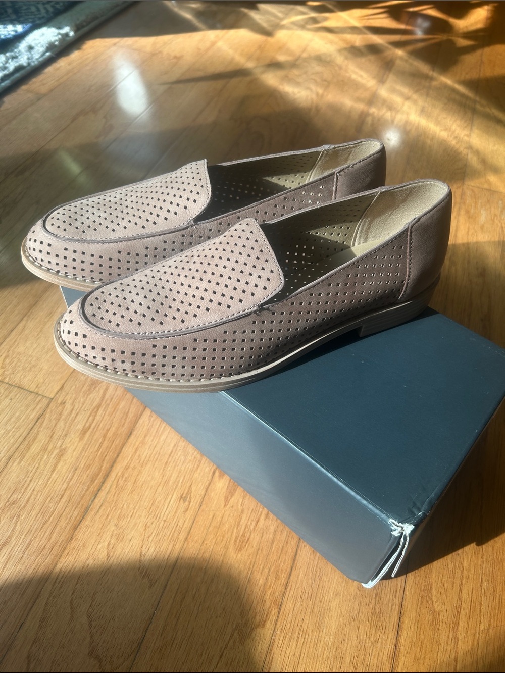 Eileen Fisher Perforated Suede Slip-On Loafers in Taupe Brown